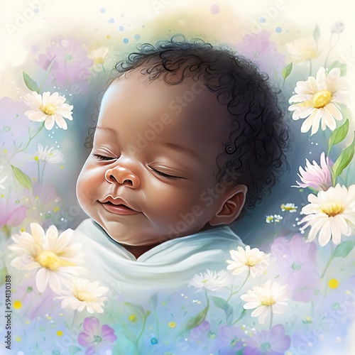 An adorable African American babynewborn baby to sleep fantasy painting pastel color isolated on white background. Mother's Day or Baby Shower concept, Generative AI photo