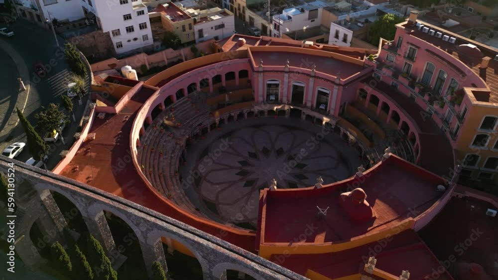 Aerial view around the Cubo Aqueduct, sunny evening in Zachatecas city, Mexico