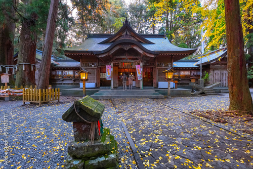 Miyazaki, Japan - Nov 24 2022: Takachiho Shrine founded over 1,900 year, Ninigi no Mikoto, the grandchild of Amaterasu Omikami. It's widely worshipped for its deity of marriage and purification photo