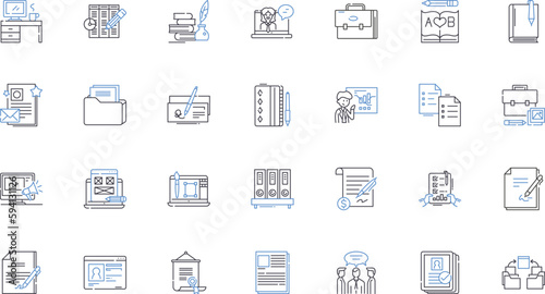 Technical writing line icons collection. Documentation, Clarity, Accuracy, Detail, Simplify, User-friendly, Consistency vector and linear illustration. Descriptive,Research,Formatting outline signs