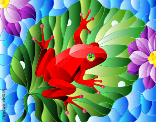Illustration in stained glass style with abstract red frog on Lotus leaf on water and flowers