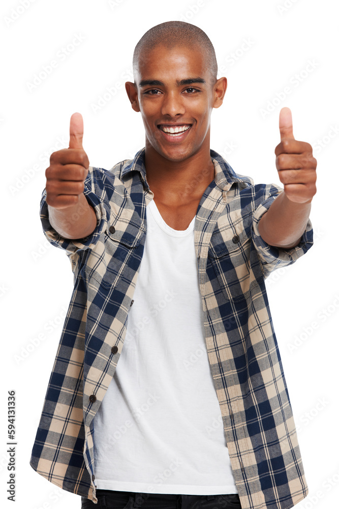 Φωτογραφία Thumbs up, black man and portrait of a happy model with yes, success and thank you hand sign