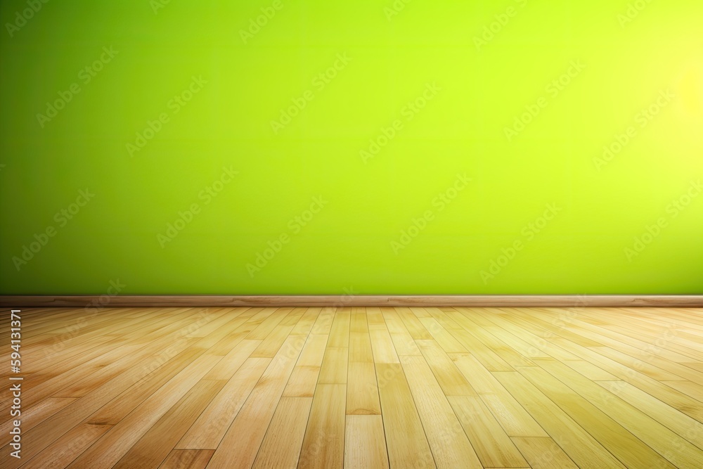 an empty room with a green wall and wooden floor. Generative AI an empty room with a green wall and wooden floor. Generative AI
