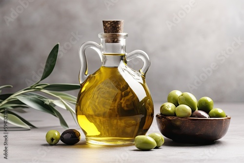 olive oil bottle and olives in a bowl on a wooden table. Generative AI