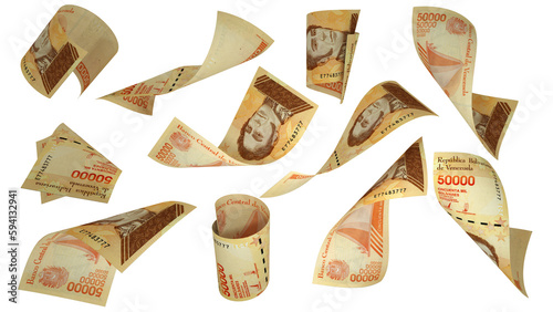 3D rendering of set of Venezuelan bolivar notes flying in different angles and orientations isolated on transparent background photo