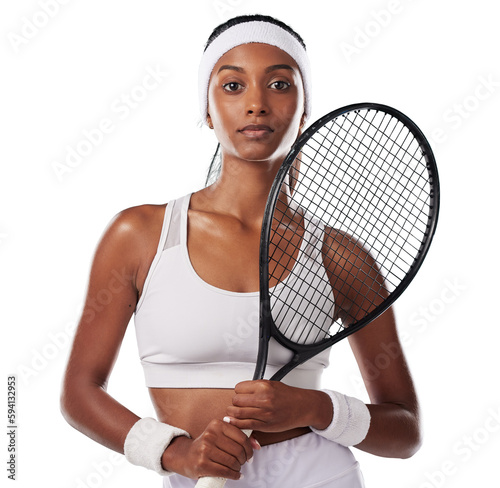 Portrait, fitness and sports with a woman tennis player isolated on a PNG background for health or sports. Exercise, focus and transparent with a female indian athlete looking ready for a game © Krunal/peopleimages.com