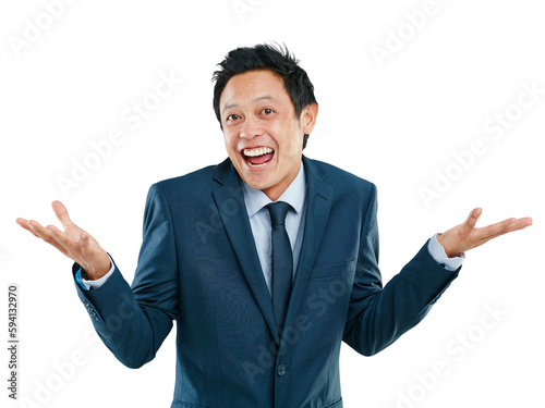 Portrait, shrug and transparent with a business man isolated on a PNG background to gesture whatever. Question, confused or mistake with a male asian employee shrugging his shoulders feeling carefree photo