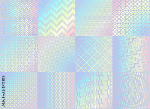 Hologram texture patterns, glitter foil with rainbow gradient, vector background. Holographic neon color gradient patterns with iridescent foil glitter holography effect of color gradation background