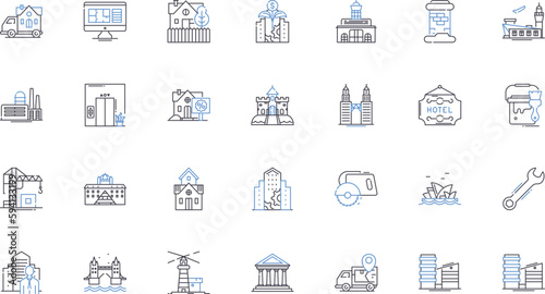 Industrial layout line icons collection. Machinery, Assembly, Production, Efficiency, Design, Robotics, Automation vector and linear illustration. Manufacturing,Logistics,Complex outline signs set