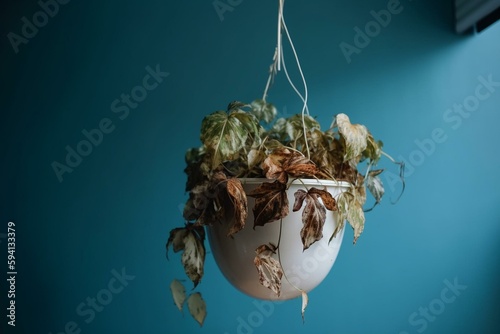 Fotografia Neglected dying house plant with hanging dry leaves in white flower pot on blue background