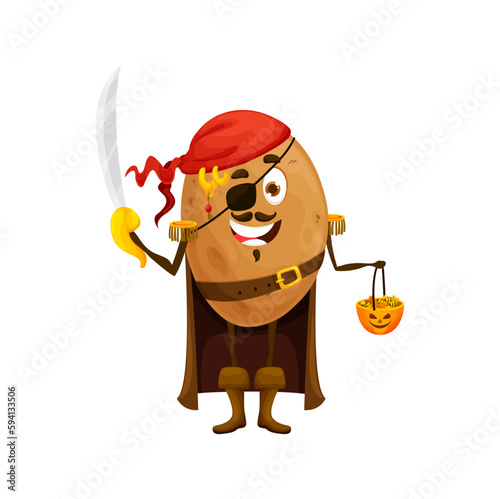 Cartoon potato pirate Halloween character. Isolated vector amusing veggies filibuster attired in holiday outfit sailor bandana and cape. Joyous funny tuber vegetable personage sea dog or buccaneer