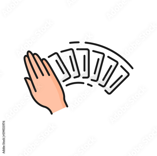 Playing paper cards and gambler arm outline color icon. Vector gambling game icon, hand and deck of poker cards. Gamble games activity