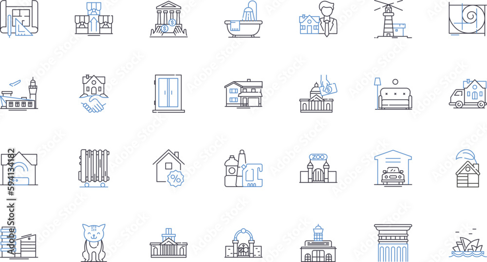 Cottages line icons collection. Rustic, Charming, Idyllic, Homey, Cozy, Quaint, Country vector and linear illustration. Serene,Picturesque,Secluded outline signs set