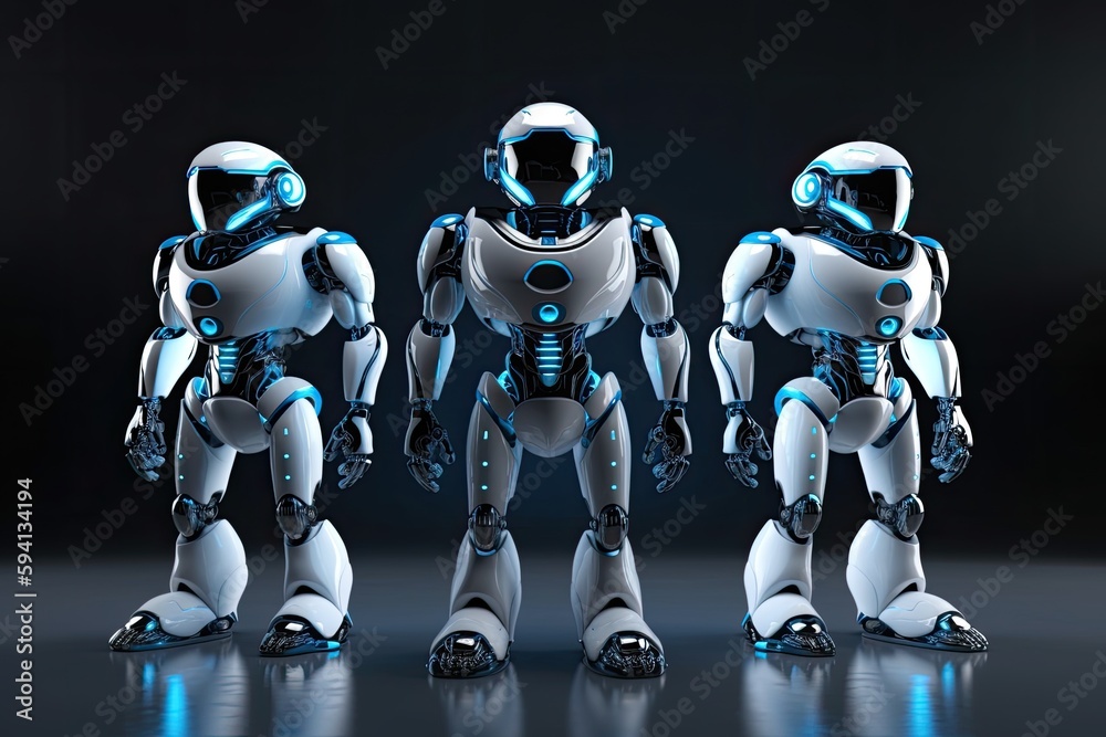 three humanoid robots standing in a row. Generative AI three humanoid robots standing in a row. Generative AI