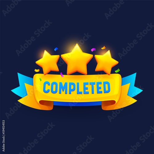 Game level complete badge or icon. Vector ui or gui interface element, reward popup stars with blue and gold banner. Award or bonus for mobile app, video or online game successful competition
