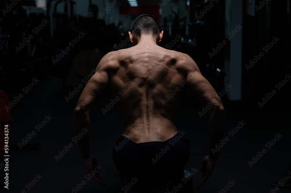 Back view of shirtless man with sculpted body in gym. Back view of shirtless man with sculpted body in gym.