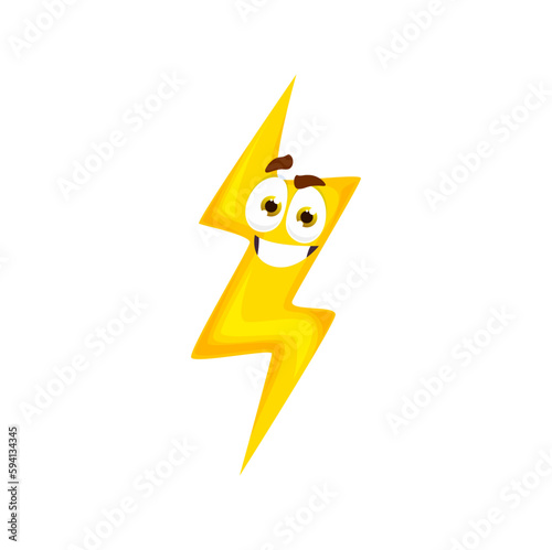 Cartoon lightning character, isolated vector whimsical bolt, playful electric charge with lively smile and mischievous face expression. Striking flash funny personage for children book or weather app