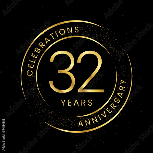 32th anniversary, golden anniversary with a circle, line, and glitter on a black background. photo