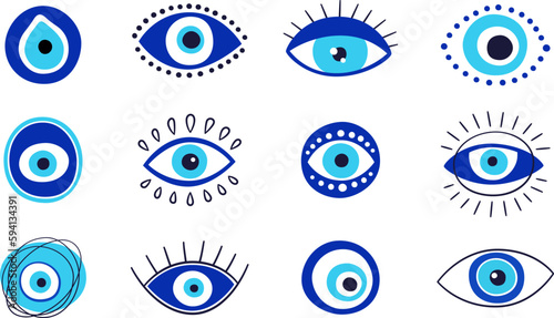 Evil eye talisman icons. Turkish or greek eye symbols. Greece ethnic magic amulet. Mystical blue hamsa icons set in hand drawn style. Nazar amulet symbol. Vector illustration isolated in doodle style.