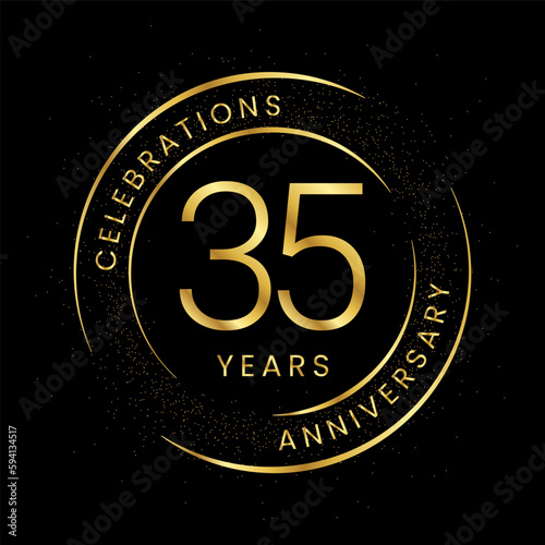 35th anniversary, golden anniversary with a circle, line, and glitter on a black background.