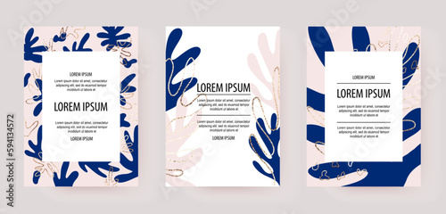 Modern artistic background templates with organic natural shapes and gold leaves.