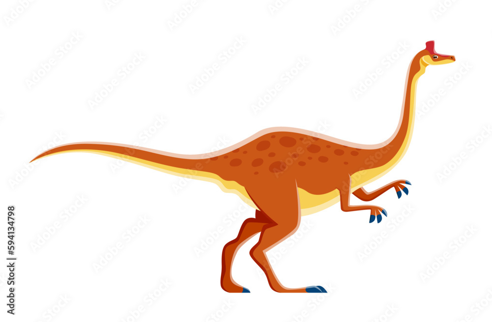 Fototapeta premium Cartoon dinosaur character, Pelecanimimus cute dino of Jurassic, vector kids toy lizard. Pelecanimimus dinosaur of ornithomimosaurian genus, extinct reptile and kids funny paleonotology cartoon animal