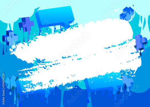 Blue graffiti background with white brush stroke. Abstract modern street art backdrop performed in urban painting style.