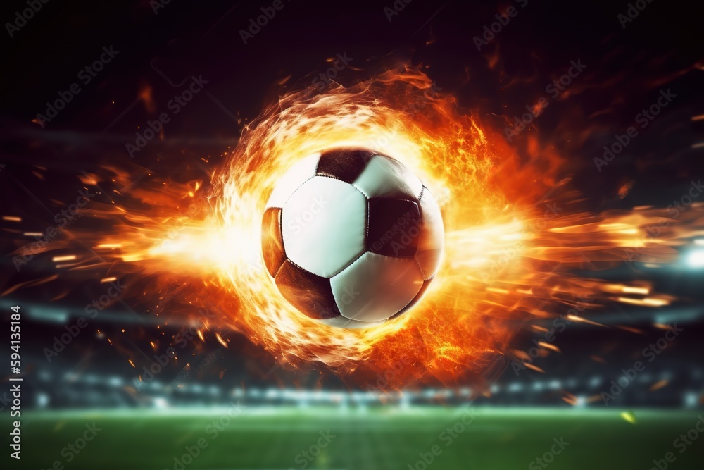 Fototapeta premium Football ball on fire, Burning classic soccer ball at the soccer stadium background, Generative AI