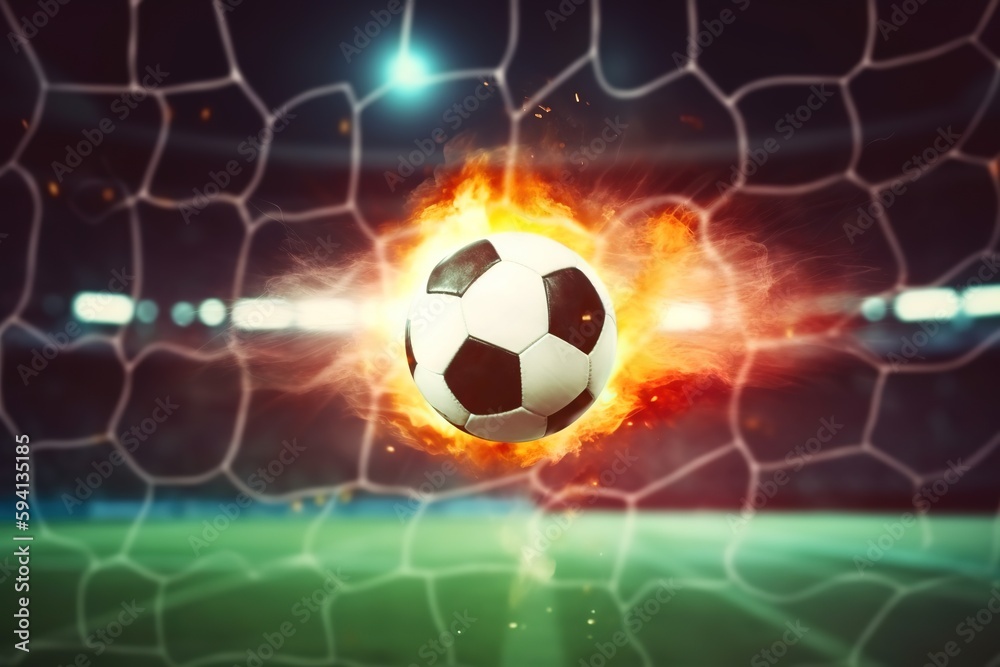 Fototapeta premium Closeup of a fiery soccer ball kicked with power at the soccer stadium scoring a goal background. Soccer Football Game concept, Generative AI