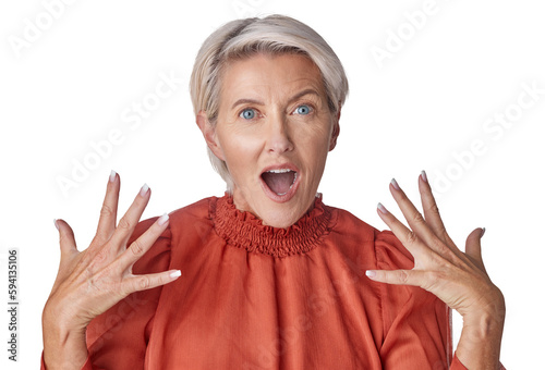 Portrait, wow and a senior woman isolated on a transparent background in shock or PNG awe emoji. Face, surprise and expression with a mature female looking amazed by an announcement or notification