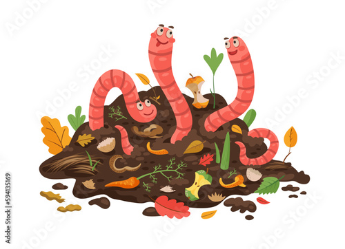 Cartoon compost worm in soil. Isolated vector funny earthworm characters with smiling faces stick out of compost pile with organic waste. Useful insects in garden, nature invertebrate pest creatures photo