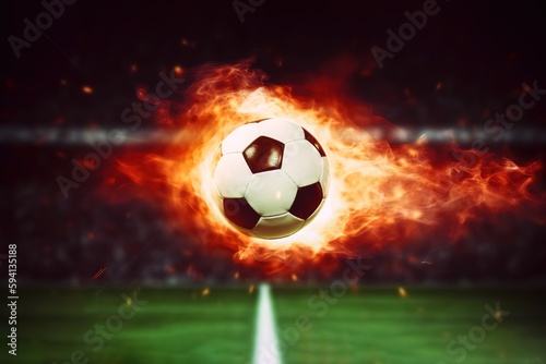 Football ball on fire, Burning classic soccer ball at the soccer stadium background, Generative AI © thanakrit