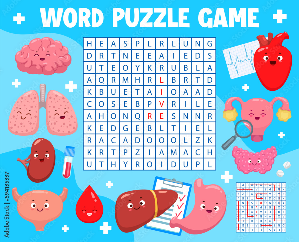 Stockvector Word search puzzle game cartoon body organ characters