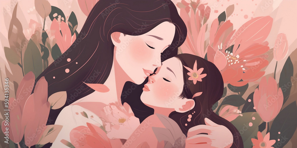 Mother's day illustration of mom and little daughter, Generative AI