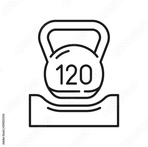 Maximum weight limit up to 120 kg glyph icon. Mattress weight recommendation per person. Mattress and kettlebell thin line