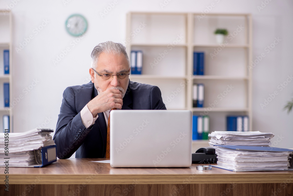 Old male employee working in the office Old male employee working in the office