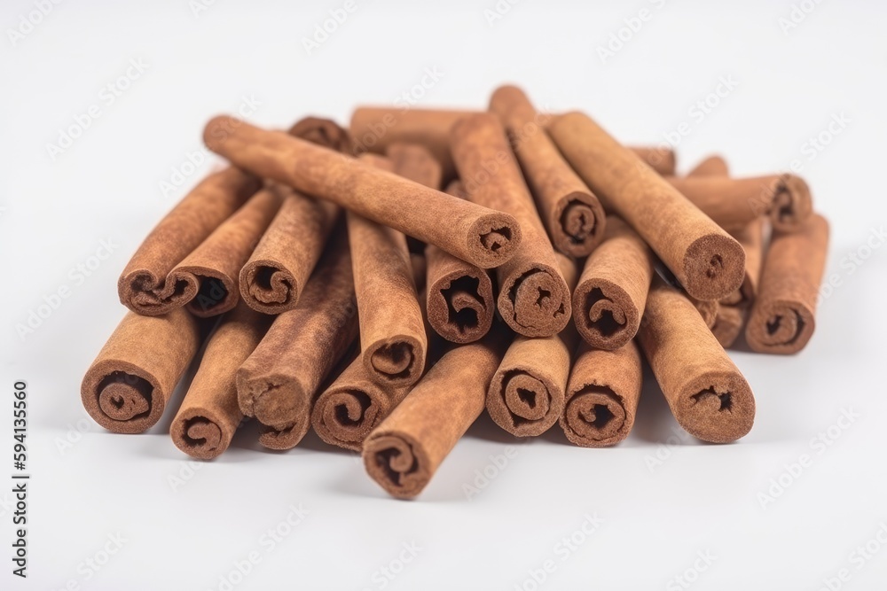 pile of fragrant cinnamon sticks on a clean white background. Generative AI pile of fragrant cinnamon sticks on a clean white background. Generative AI