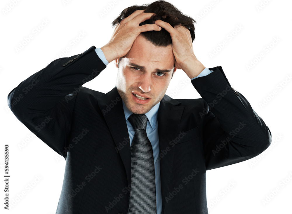Tired, stress and portrait of a businessman with burnout isolated on a transparent png background. Anxiety, depression and angry male employee pulling hair out after bad news, fatigue or crisis Tired, stress and portrait of a businessman with burnout isolated on a transparent png background. Anxiety, depression and angry male employee pulling hair out after bad news, fatigue or crisis