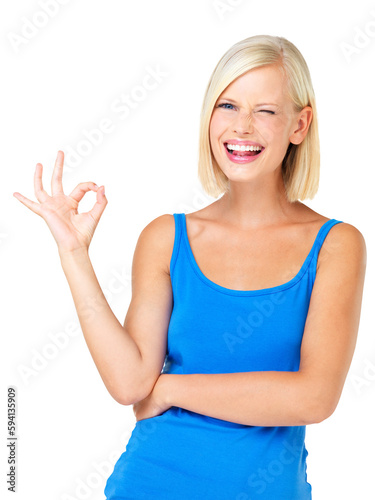 OK hand, portrait and happy woman isolated on a transparent, png background success and agreement wink. Like, yes and okay sign or emoji and face of young person or model for winning or goals