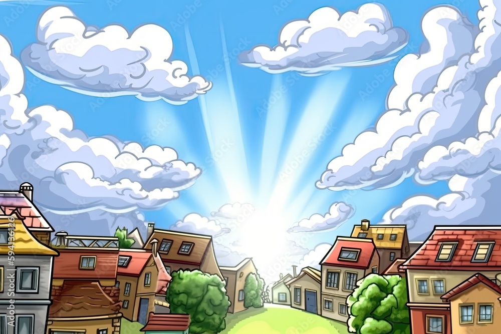 lively town with fluffy clouds in the sky. Generative AI