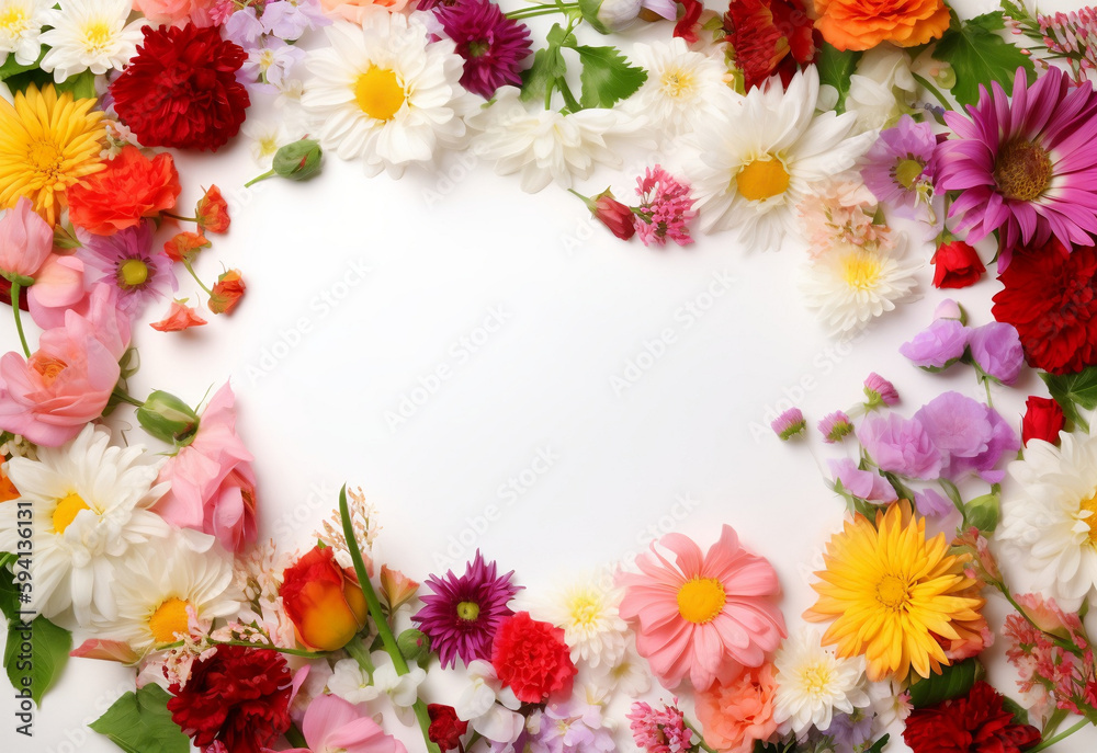 custom made wallpaper toronto digitalBeautiful flower frame composition with space for text, Garden flowers on white background, Birthday, Mother's Day, Generative AI