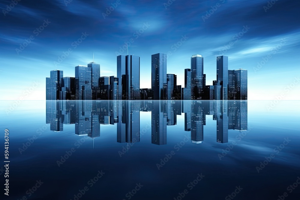 city skyline mirrored in the water. Generative AI city skyline mirrored in the water. Generative AI