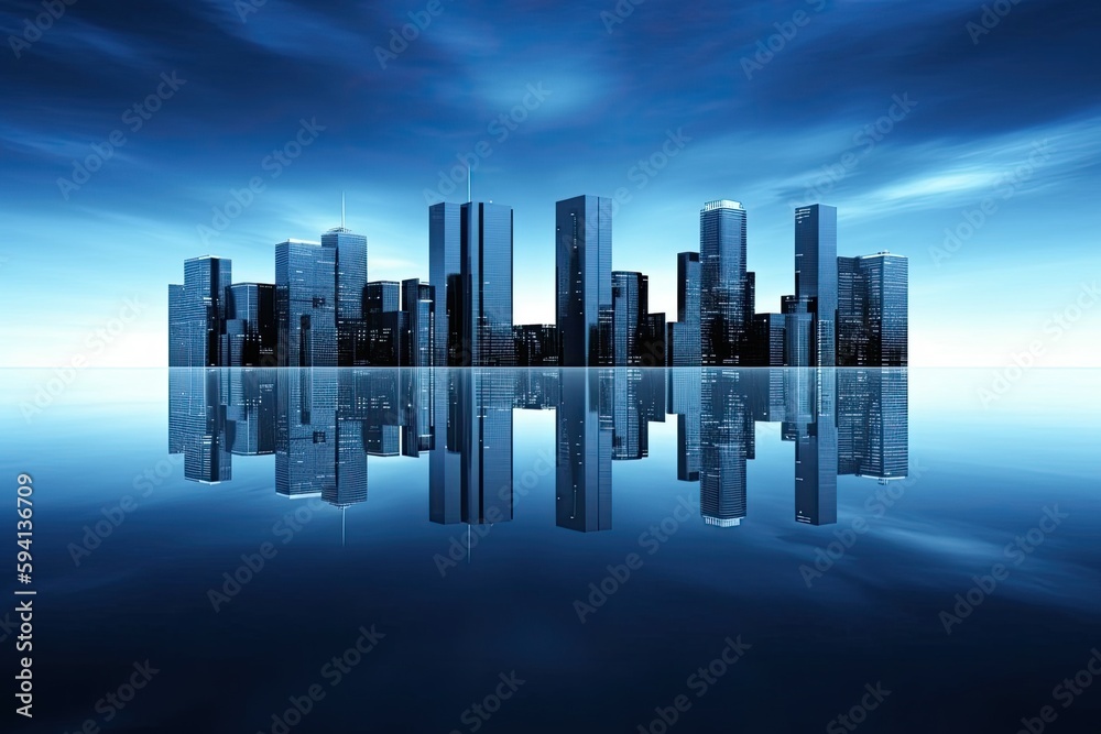 city skyline mirrored in the water. Generative AI