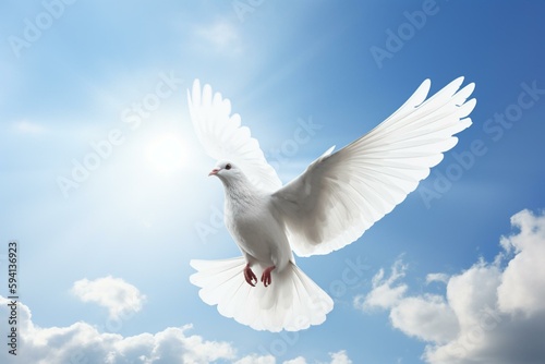 image of beautiful white bird in form of peace dove flying over sky. Generative AI