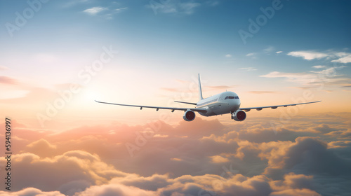 Passenger airplane above the cloud with sunset view 