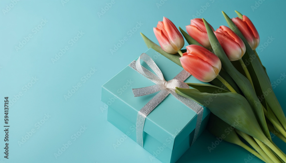 Bouquet of tulips and gift box on blue background, Happy Mothers Day concept, Generative AI
