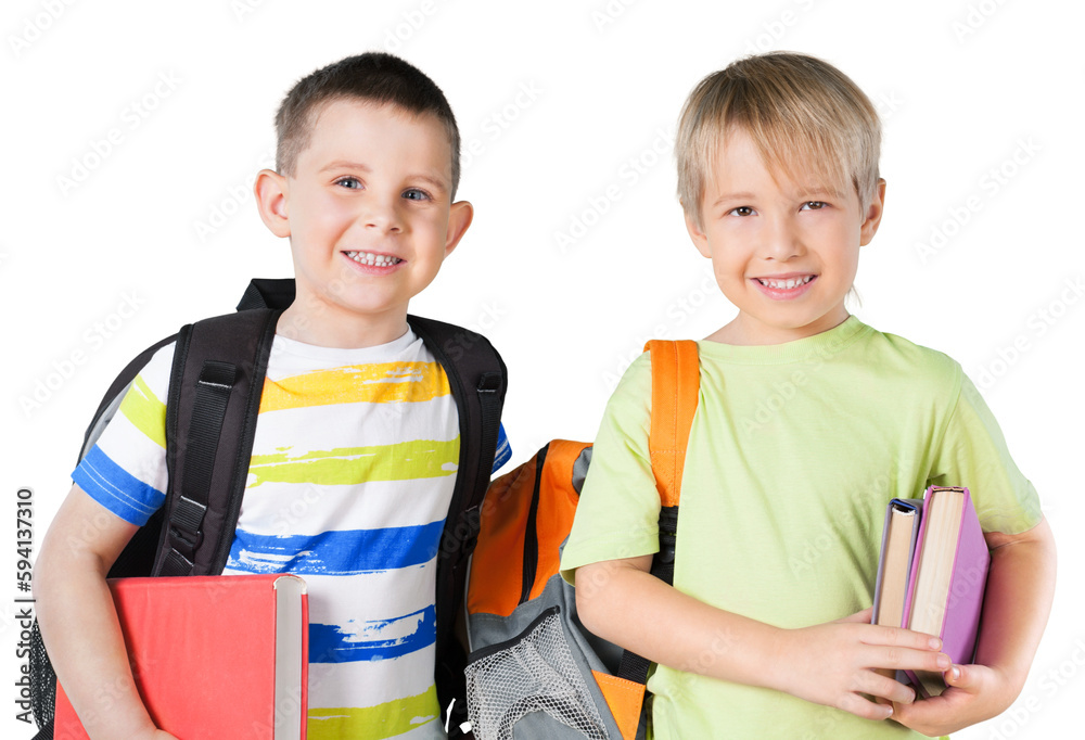 Two School Children with Backpacks and Textbooks Two School Children with Backpacks and Textbooks