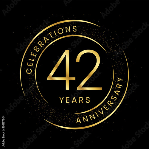 42th anniversary, golden anniversary with a circle, line, and glitter on a black background.
