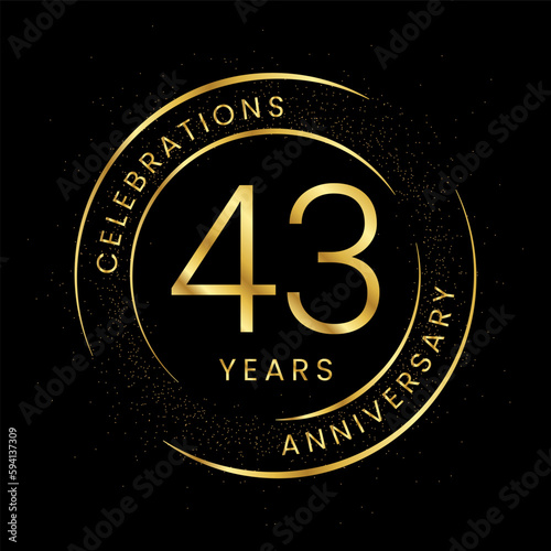43th anniversary, golden anniversary with a circle, line, and glitter on a black background.
