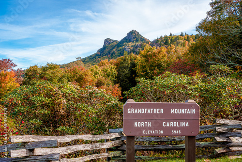 Grandfather Mountain State park in fall season. Grandfather Mountain is a mountain near Linville, North Carolina. At 5,946 feet, it is the highest peak on the eastern of the Blue Ridge Mountains. photo